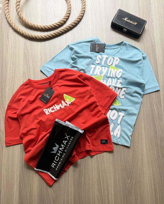 π₯ RICH PRINTED TEES | DROP SHOULDER STYLE | COMBO PACK OF 2 (BLUE+RED)