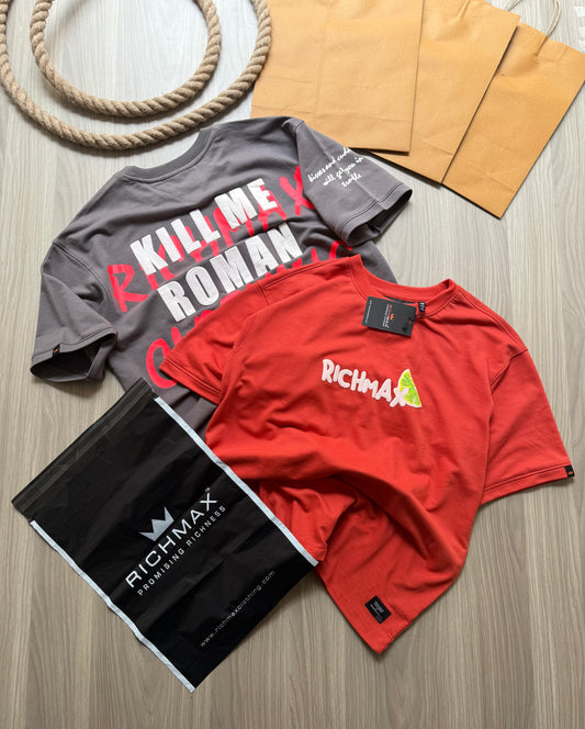 π₯ RICH PRINTED TEES | DROP SHOULDER STYLE | COMBO PACK OF 2 (RED+GREY)
