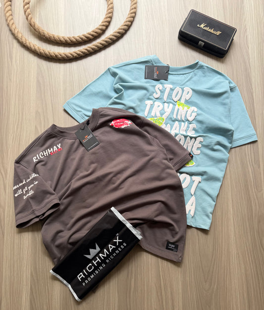 π₯ RICH PRINTED TEES | DROP SHOULDER STYLE | COMBO PACK OF 2 (BLUE+GREY)