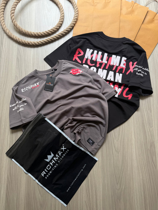 π₯ RICH PRINTED TEES | DROP SHOULDER STYLE | COMBO PACK OF 2 (BLACK+GREY)