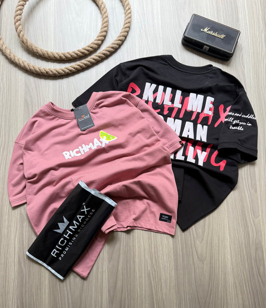 🔥 RICH PRINTED TEES | DROP SHOULDER STYLE | COMBO PACK OF 2 (PINK+BLACK)