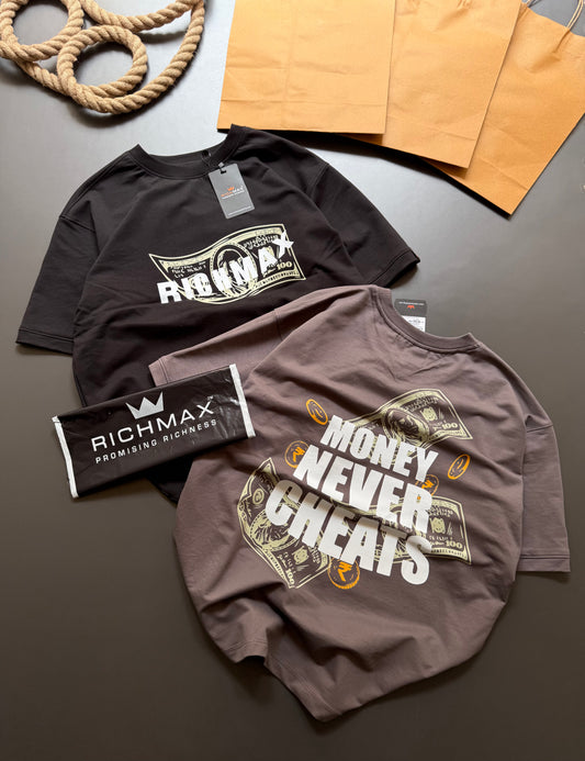 🔥 RICH PRINTED TEES | MONEY NEVER CHEATS | DROP SHOULDER STYLE | COMBO PACK OF 2 ( BLACK+DARK GREY )