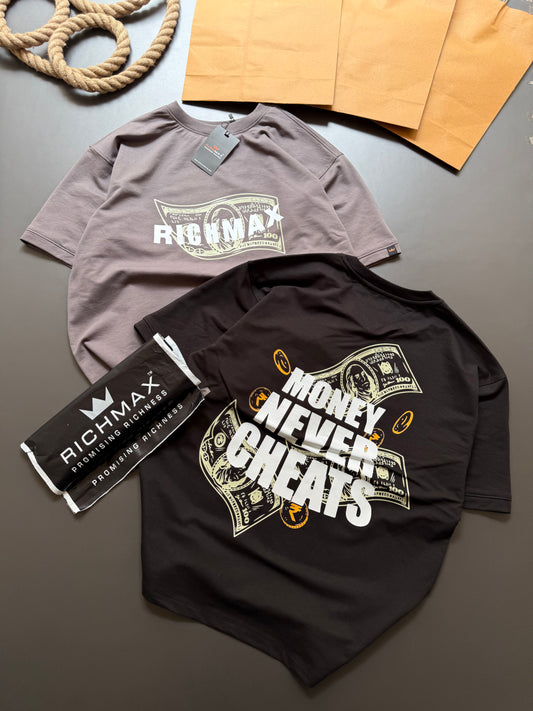 🔥 RICH PRINTED TEES | MONEY NEVER CHEATS | DROP SHOULDER STYLE | COMBO PACK OF 2 ( BLACK+DARK GREY )
