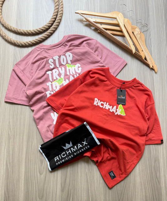 🔥 RICH PRINTED TEES | DROP SHOULDER STYLE | COMBO PACK OF 2 (RED+PINK)