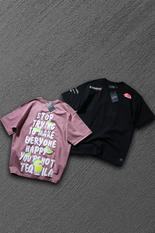 🔥 RICH PRINTED TEES | DROP SHOULDER STYLE | COMBO PACK OF 2 (PINK+BLACK)