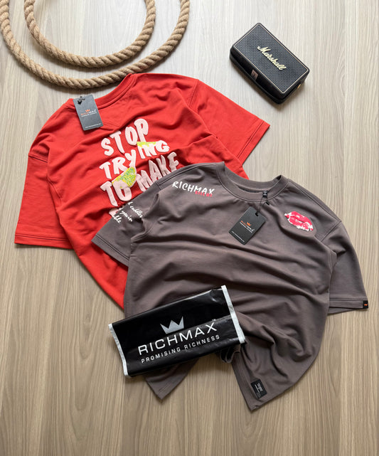 🔥 RICH PRINTED TEES | DROP SHOULDER STYLE | COMBO PACK OF 2 (RED+GREY)