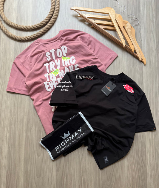 🔥 RICH PRINTED TEES | DROP SHOULDER STYLE | COMBO PACK OF 2 (PINK+BLACK)