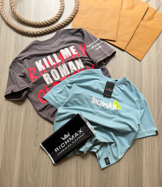 🔥 RICH PRINTED TEES | DROP SHOULDER STYLE | COMBO PACK OF 2 (BLUE+GREY)