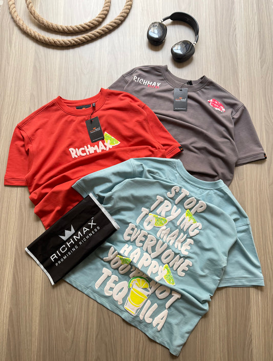 🔥 RICH PRINTED TEES | DROP SHOULDER STYLE | COMBO PACK OF 3 (BLUE+RED+GREY)