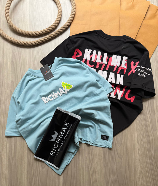 🔥 RICH PRINTED TEES | DROP SHOULDER STYLE | COMBO PACK OF 2 (BLUE+BLACK)