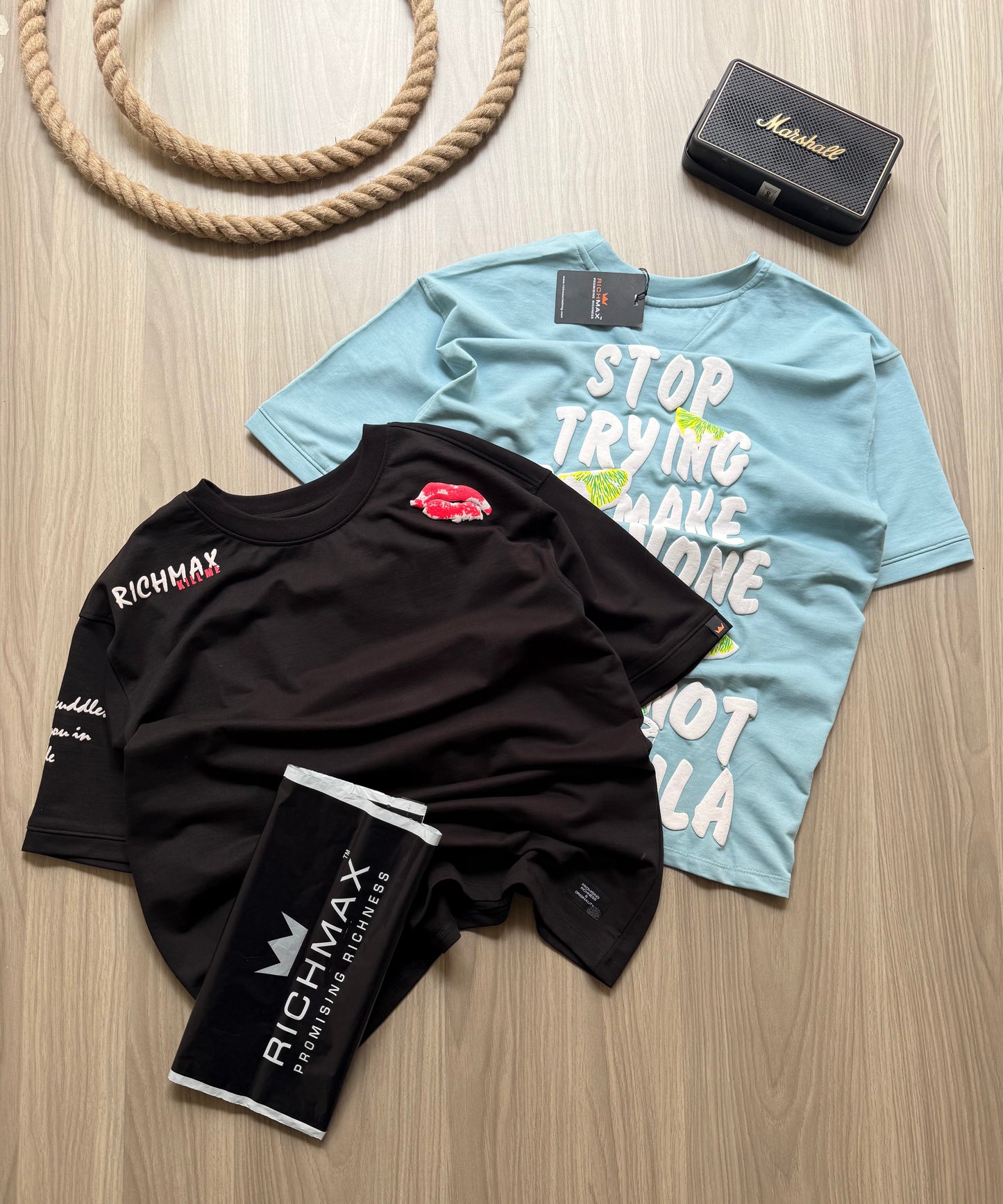 🔥 RICH PRINTED TEES | DROP SHOULDER STYLE | COMBO PACK OF 2 (BLUE+BLACK)