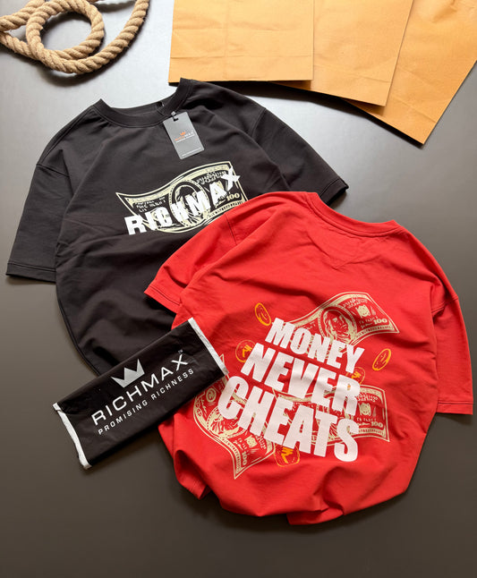 🔥 RICH PRINTED TEES | MONEY NEVER CHEATS | DROP SHOULDER STYLE | COMBO PACK OF 2 ( RED+BLACK )