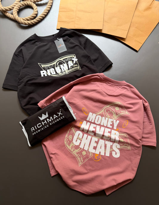 🔥 RICH PRINTED TEES | MONEY NEVER CHEATS | DROP SHOULDER STYLE | COMBO PACK OF 2 ( ONION PINK+BLACK )