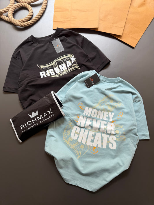 🔥 RICH PRINTED TEES | MONEY NEVER CHEATS | DROP SHOULDER STYLE | COMBO PACK OF 2 ( SKY BLUE+BLACK )