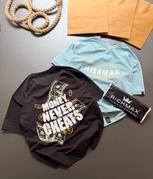 🔥 RICH PRINTED TEES | MONEY NEVER CHEATS | DROP SHOULDER STYLE | COMBO PACK OF 2 ( SKY BLUE+BLACK )