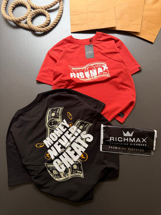 🔥 RICH PRINTED TEES | MONEY NEVER CHEATS | DROP SHOULDER STYLE | COMBO PACK OF 2 ( RED+BLACK )