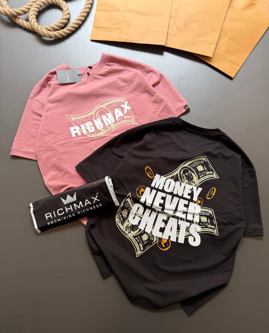 🔥 RICH PRINTED TEES | MONEY NEVER CHEATS | DROP SHOULDER STYLE | COMBO PACK OF 2 ( ONION PINK+BLACK )