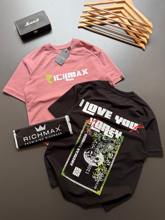🔥 RICH PRINTED TEES | I LOVE YOU HONEY | DROP SHOULDER STYLE | COMBO PACK OF 2 ( ONION PINK+BLACK )
