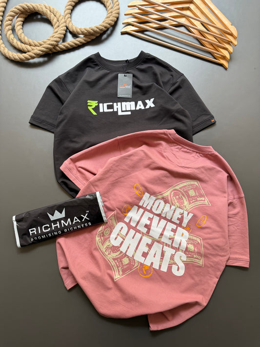 🔥 RICH PRINTED TEES | MONEY NEVER CHEATS+I LOVE YOU HONEY | DROP SHOULDER STYLE | COMBO PACK OF 2 ( ONION PINK+BLACK )