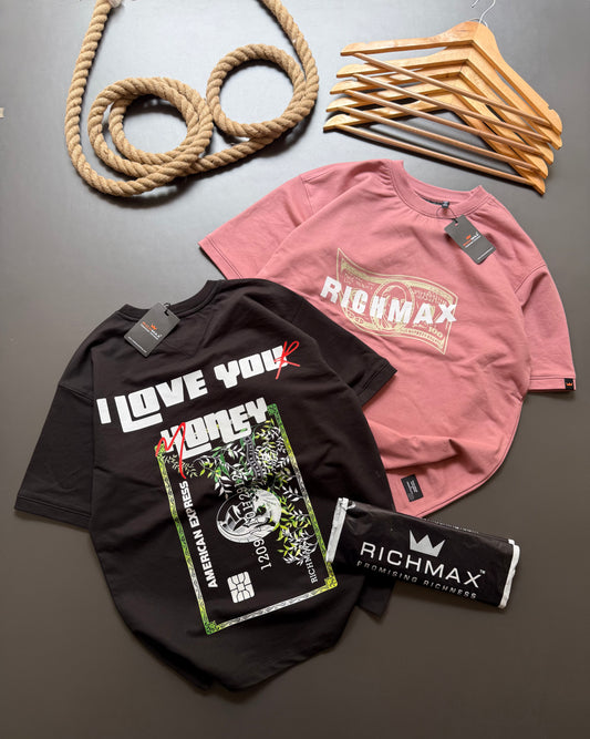 🔥 RICH PRINTED TEES | MONEY NEVER CHEATS+I LOVE YOU HONEY | DROP SHOULDER STYLE | COMBO PACK OF 2 ( ONION PINK+BLACK )