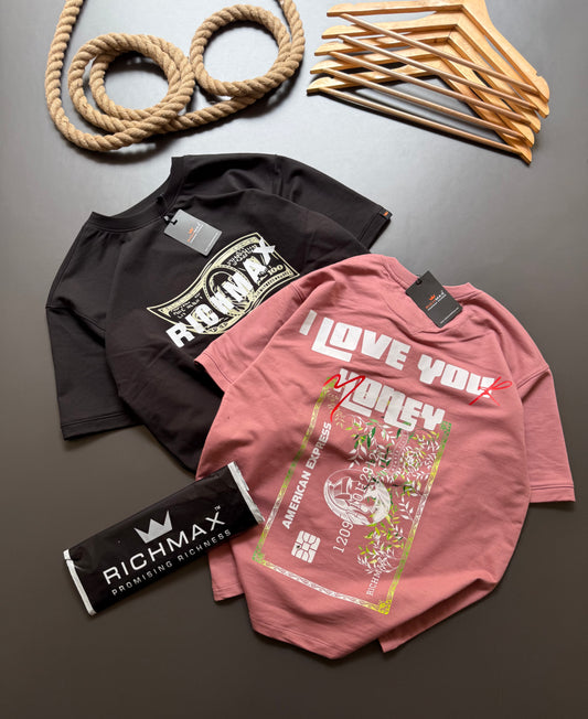 🔥 RICH PRINTED TEES | I LOVE YOU HONEY+MONEY NEVER CHEATS | DROP SHOULDER STYLE | COMBO PACK OF 2 ( ONION PINK+BLACK )