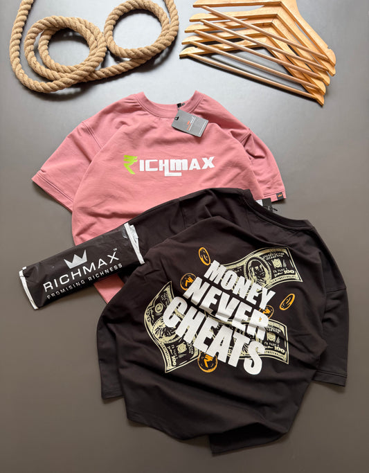 🔥 RICH PRINTED TEES | I LOVE YOU HONEY+MONEY NEVER CHEATS | DROP SHOULDER STYLE | COMBO PACK OF 2 ( ONION PINK+BLACK )